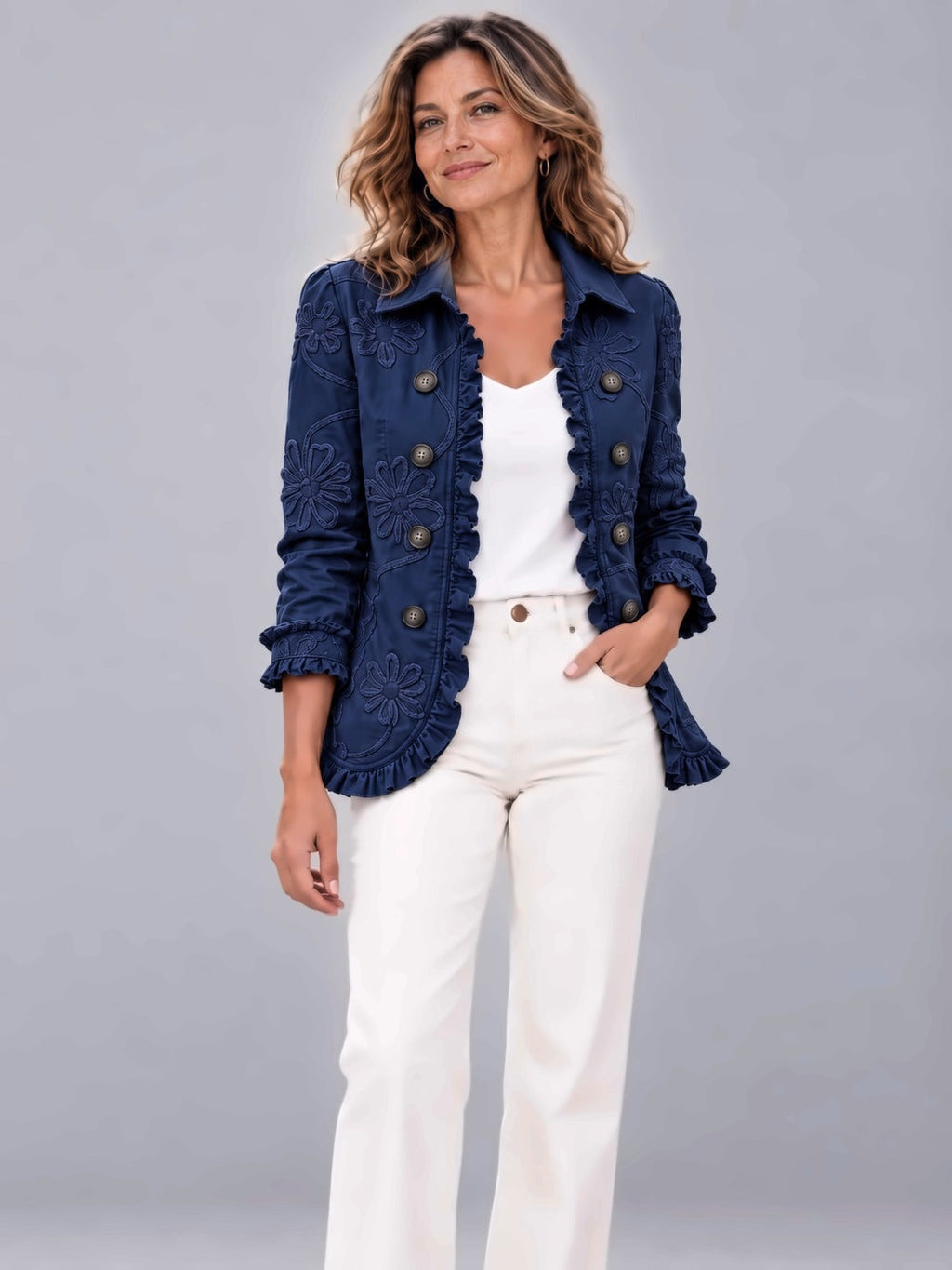 Chaqueta Amaia con volantes en color azul oscuro
