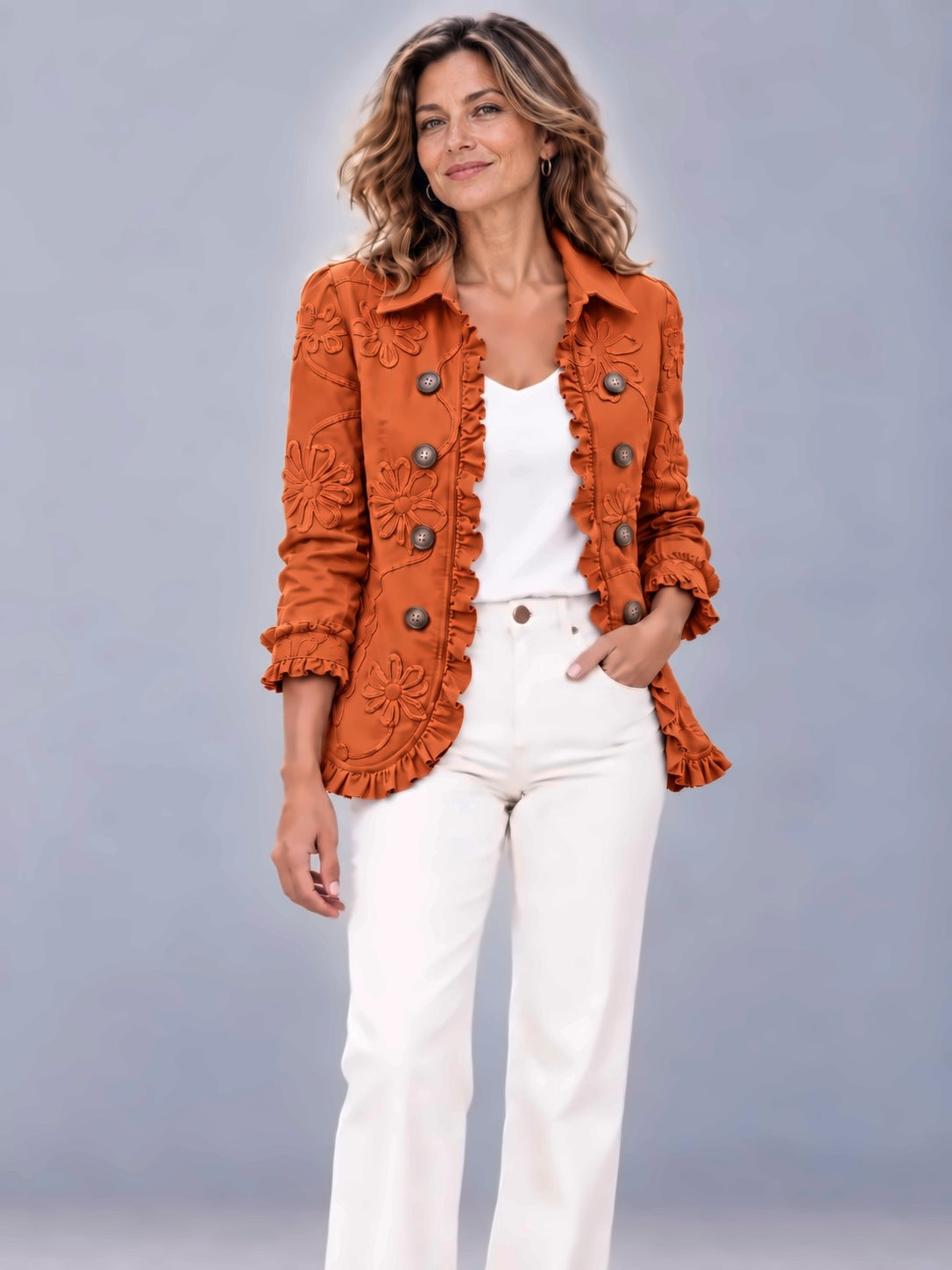 Chaqueta Amaia con volantes en color teja