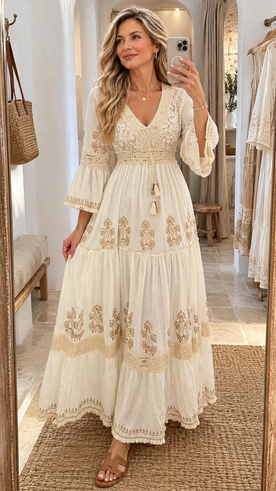 Sofía - vestido largo bordado beige